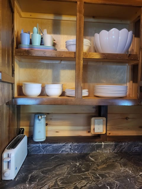 Dishes for both adults and kids, toaster and can opener