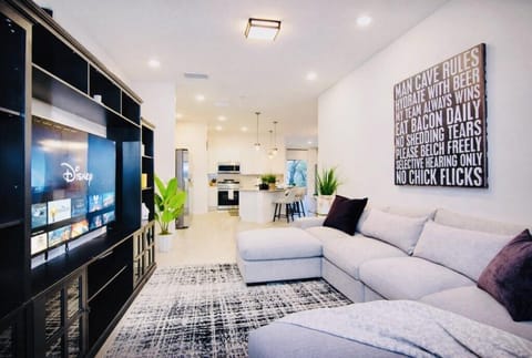 Modern living room with man cave rules frame