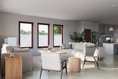 Realistic rendering of the first floor living room.