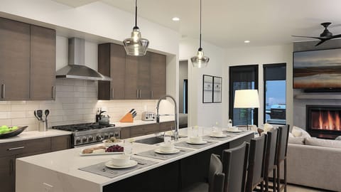 Kitchen, Main Level, Principal House - Modern kitchen with oversized island seating and open layout to the great room