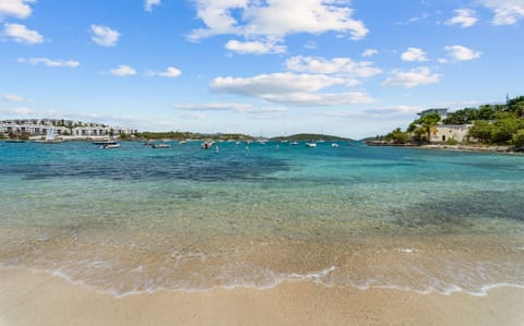 Beach access from condos. Beach chairs shaded by palm trees