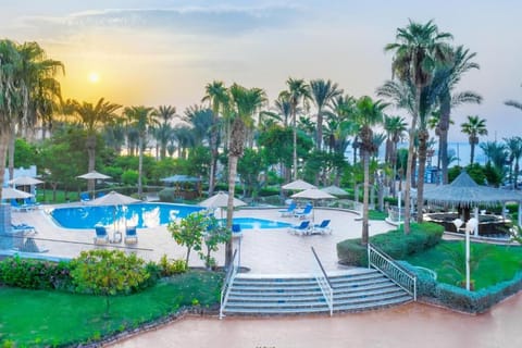 Unwind at sunset beside sparkling pools and lush palms.