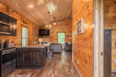 View from the beautiful kitchen, looking into the living room.