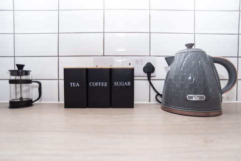 Fully stocked hot drinks station with kettle, tea, coffee, sugar and a cafetière - everything guests need to enjoy a fresh brew anytime.
