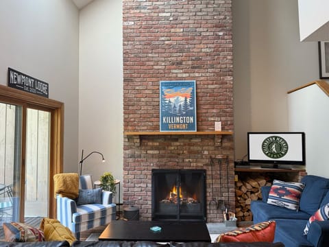 Our living room with wood-burning fireplace.