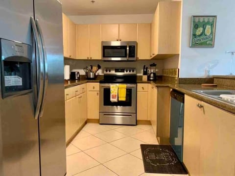 STAINLESS STEEL APPLIANCES! Fridge with ice-maker, microwave, coffee maker, blender, and toaster. Well-stocked kitchen with plate-sets, glasses, silverware, pots and pans and kitchen utensils. Spices, ground coffee and cream and DELICIOUS SNACKS 