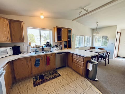 Large kitchen looks into dining and living room.