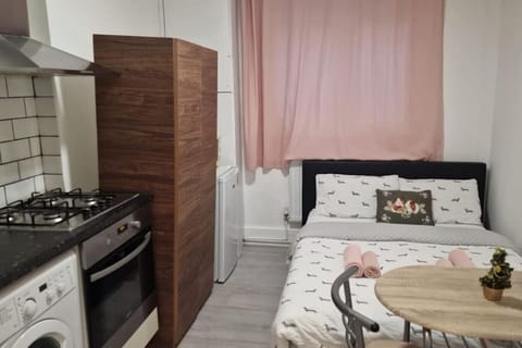 Overview of studio showing bed and kitchen corner