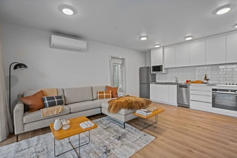 Bright open-plan living area with a cozy sofa, modern kitchen, and stylish décor
