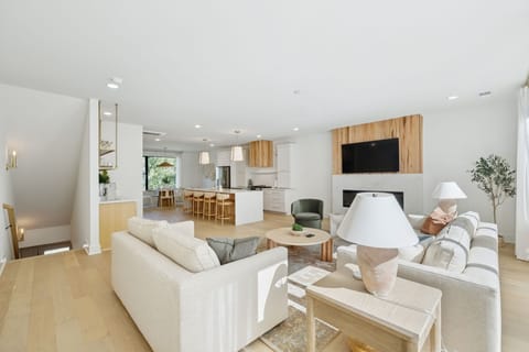 Living Room: Experience sophisticated living. From the sleek fireplace feature to the inviting sofa and fully-equipped kitchen, every detail in this space is curated for your ultimate comfort and enjoyment.