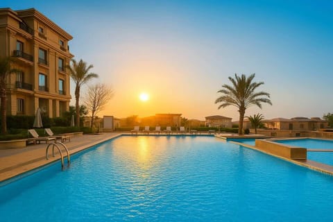 Sunset view over a clear pool with palm trees and loungers—perfect for relaxing and enjoying peaceful golden hour moments.