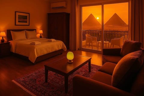 Wake up to history—this retro-chic suite blends timeless elegance with a front-row seat to the majestic Pyramids. Perfect for travelers seeking style, serenity, and unforgettable views.