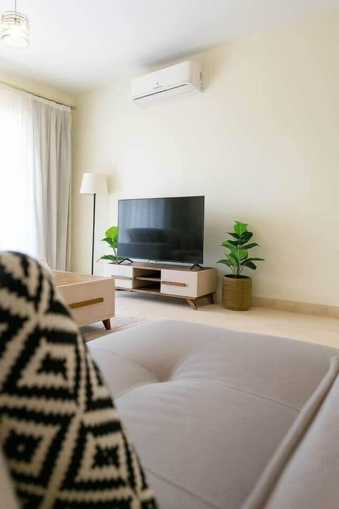 Modern TV unit, cozy lighting, natural touches, and air conditioning—perfect for relaxed indoor comfort.

