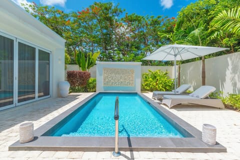 Tranquil private pool which has step access and a selection of various bathing and seating options.