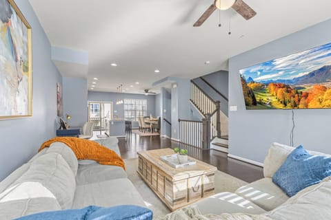 Open concept with stairway to the bedrooms