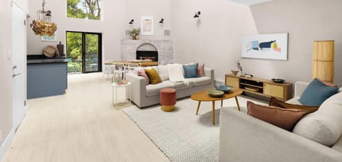 Large open great room with living/kitchen/dining, 18' ceilings, terrace with garden, Brooklyn skyline and treetop views.