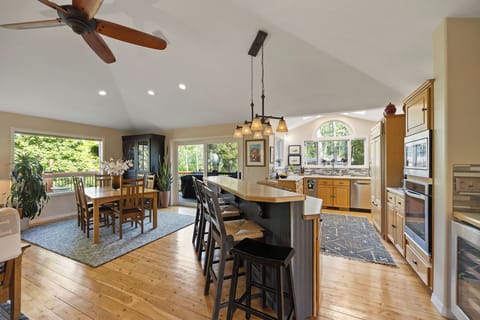 kitchen island and dining area