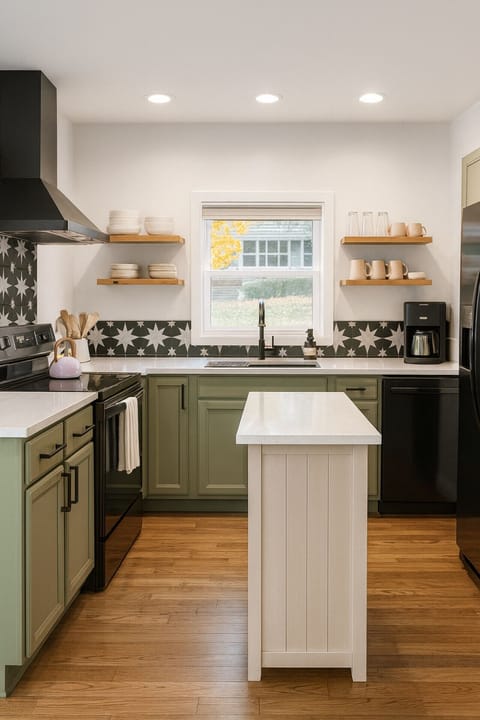 Bright, fully updated kitchen with quartz counters, green cabinetry, and an inviting center island.