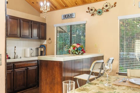Kitchen and dining combo with rustic touches.