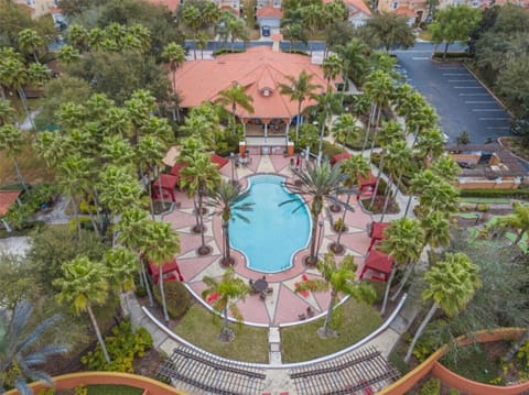 Enjoy a bird’s-eye view of Solana Resort’s stunning pool surrounded by lush palm trees and red cabanas.