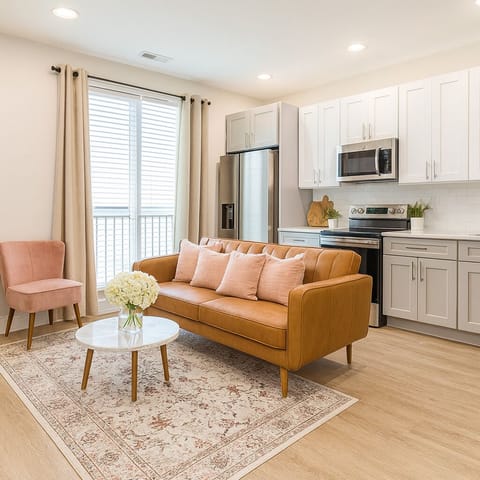 Bright and cozy living room with plenty of natural lightperfect for relaxing after a day exploring Philly.