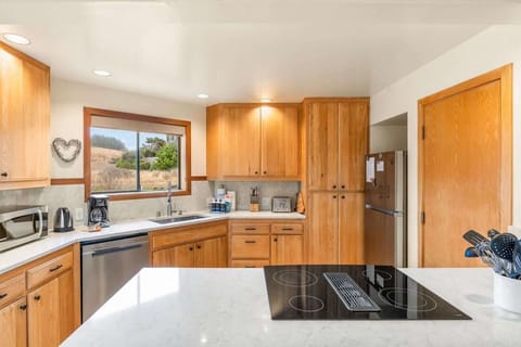 Fully stocked kitchen with bar seating, modern stovetop, and a view.