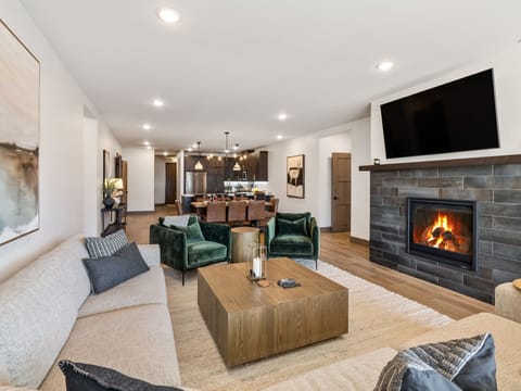Living: Lounge, stream, and fireplace