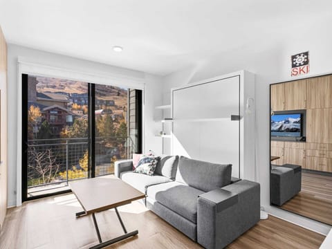 Studio living area with queen Murphy bed