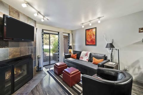 Living space with sofa bed, TV, & wood burning fireplace.