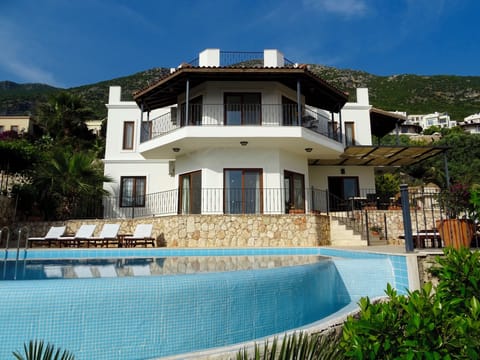 Villa Nazli from the lower garden, with fruit trees and stunning bougainvillea 