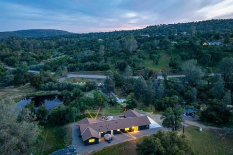 Aerial view of Sky Oaks River Ranch, the large private pond, scenic views!