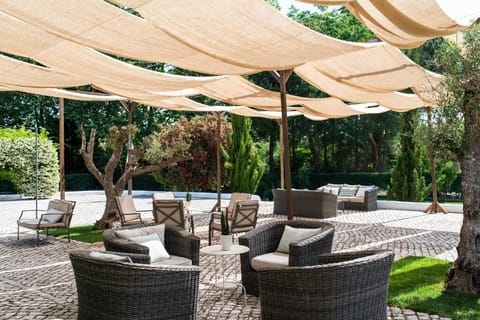 Gather with friends on wicker sofas under soft sun sails.