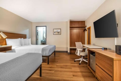 Double-bed room with large TV, desk, and open closet view