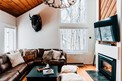 Warm and cozy living room with seating for 8 + 65" smart tv, soundbar, fireplace