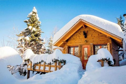 Enjoy breakfast or a warm drink on this peaceful private patio surrounded by tall pines, fresh mountain air, and serene winter scenery.