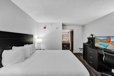 Relax in a clean, modern king room with thoughtful touches.