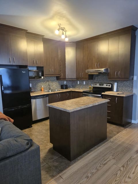 Fully equipped modern kitchen with stainless-steel appliances, ample storage, and a central island for cooking and gathering