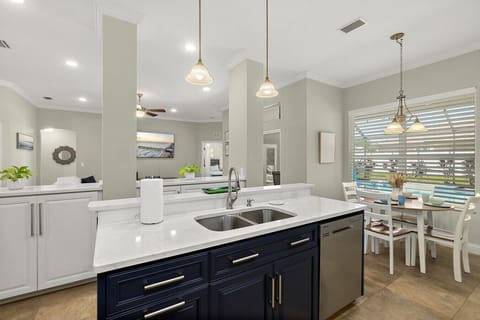 Large kitchen island with double sink and family-friendly layout