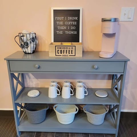 Coffee, Tea, Creamer, and Sugar are provided.