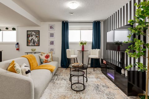 Bright living room featuring 55" smart TV and contemporary décor
