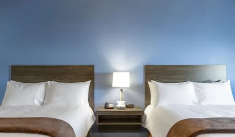 Unwind in crisp linens with twin beds and soft lighting.