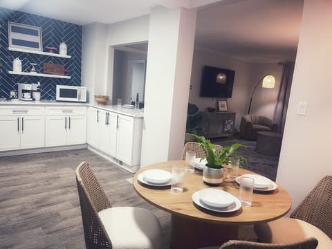 Kitchen includes coffee and espresso maker, microwave, air fryer, etc.