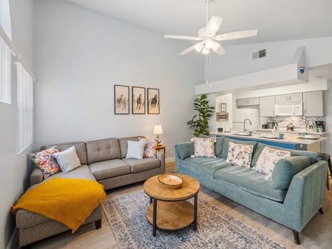 This upscale living space in our condo is the epitome of sophistication, blending contemporary style with plush furnishings for an unforgettable stay.