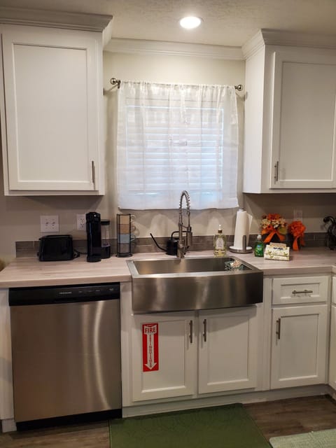 (fire extinguisher and dish drainer are located under the sink) 