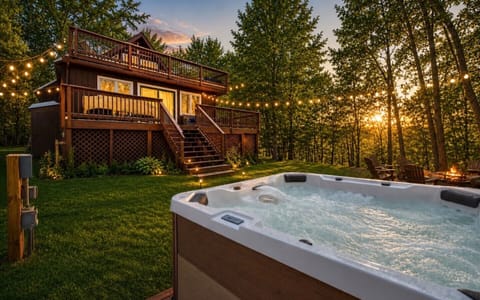 Gorgeous outdoor setting with hot tub and string lights