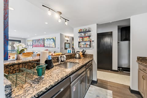 Kitchen: Espresso machine, Keurig, air fryer, blender, kettle, food processor, cooking utensils, tableware