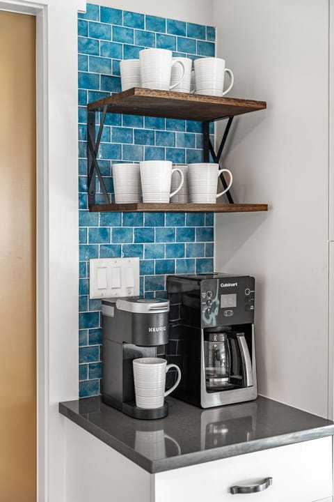 Coffee bar and beautiful blue backsplash