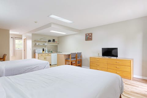 Open studio view: beds, kitchenette, dining stools, and dresser with TV. Functional space for extended stay, remote work, family travel, weekenders, and convenient lodging.