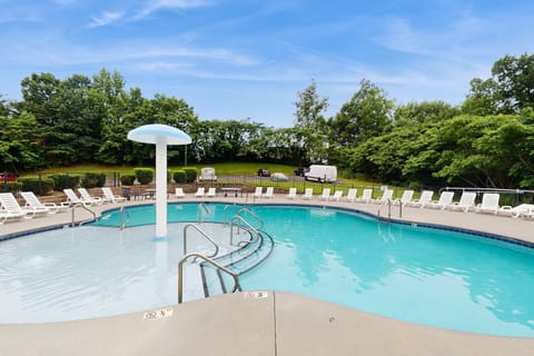 Poolside oasis awaits. And, dive into relaxation at our inviting pool surrounded by lush greenery!