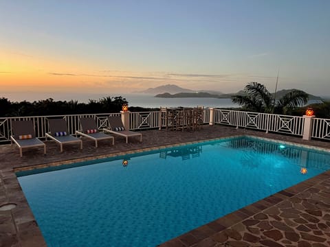 Private Pool at Sunset with Panoramic Ocean, Island, Garden & Nevis Peak Views